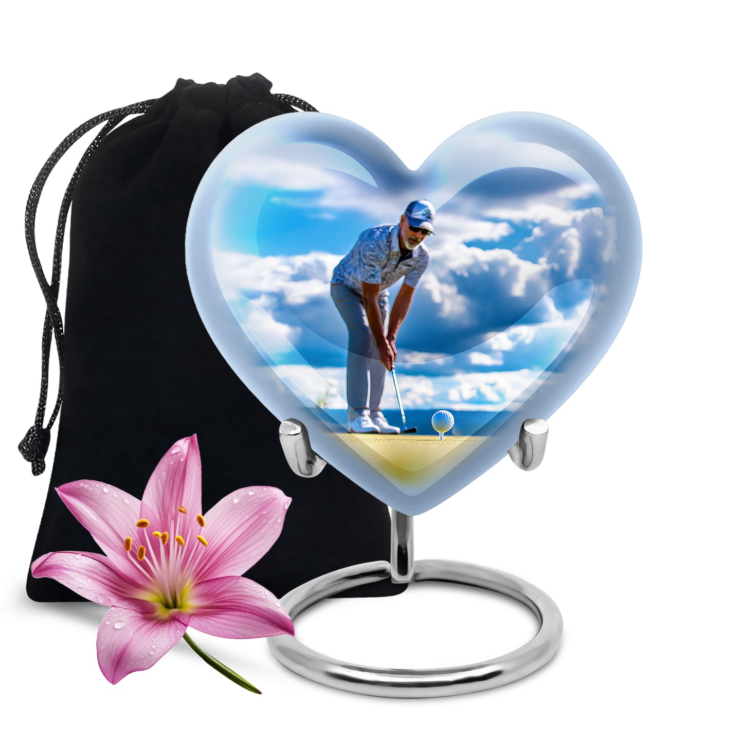 Bright Blue Golf Cremation Urn detail view - romantic heart urn with golf motif on aluminum - full-size 10 inch 200 cubic inch adult cremation urn