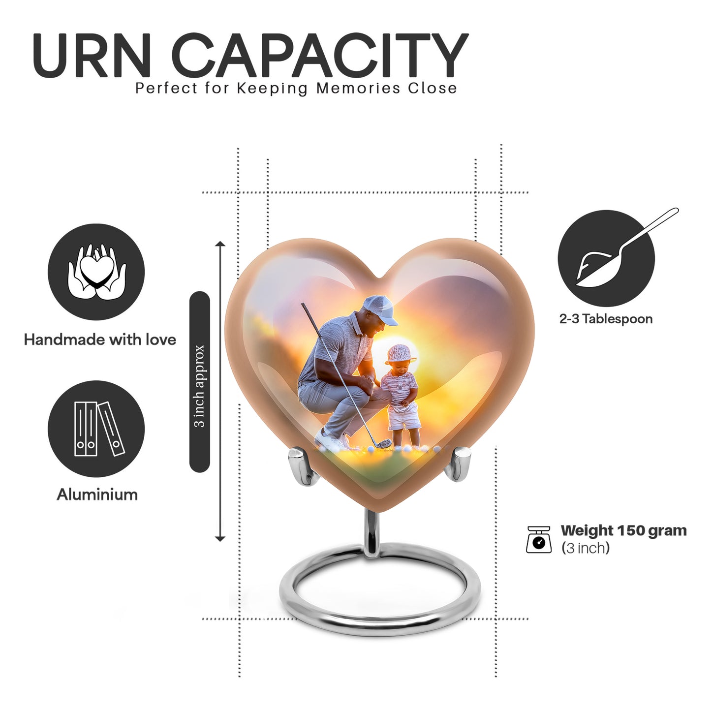 Smoke Gray Golf Cremation Urn front view showing detailed design - romantic heart urn with golf motif on aluminum - mini keepsake memorial for portion of cremation ashes