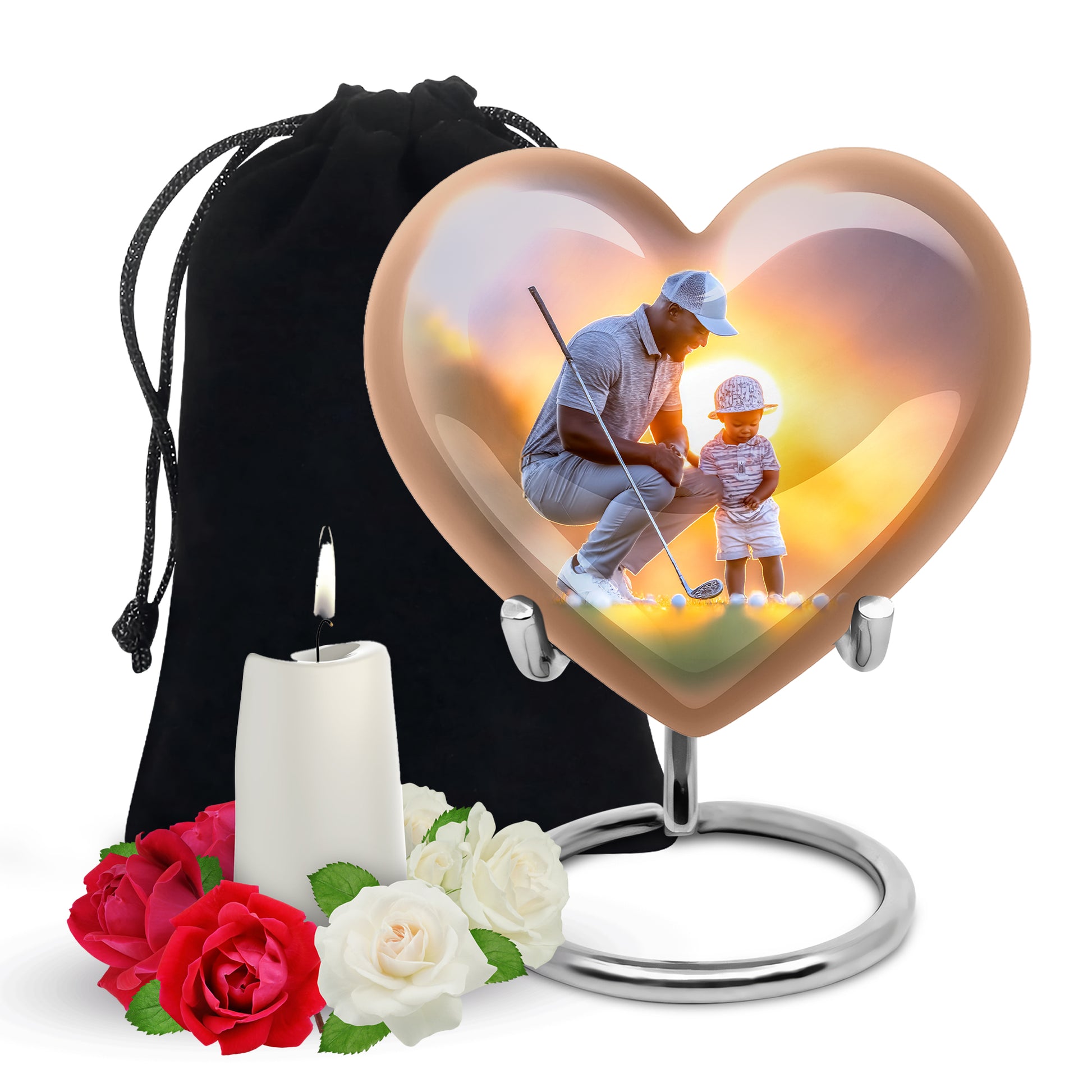 Mist Gray Golf Cremation Urn detail view - heart-shaped golf design symbolizing eternal love - full-size 10 inch 200 cubic inch adult cremation urn