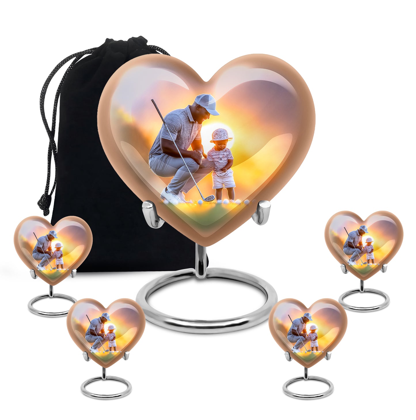 Pewter Gray Golf Cremation Urn close-up of engraving and surface detail - heart-shaped golf design symbolizing eternal love - memorial set with one large and four small urns