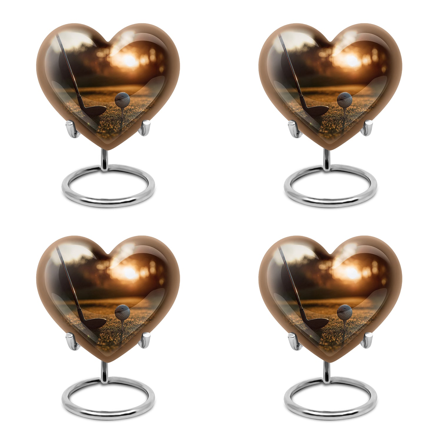 Warm Gold Golf Cremation Urn angled view of lid and engraved motif - romantic heart urn with golf motif on aluminum - 10 inch aluminum urn for cremated remains