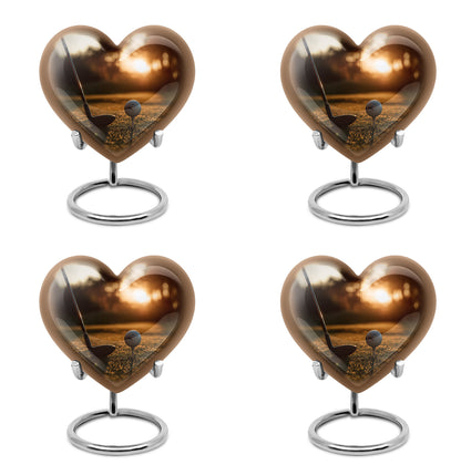 Warm Gold Golf Cremation Urn angled view of lid and engraved motif - romantic heart urn with golf motif on aluminum - 10 inch aluminum urn for cremated remains