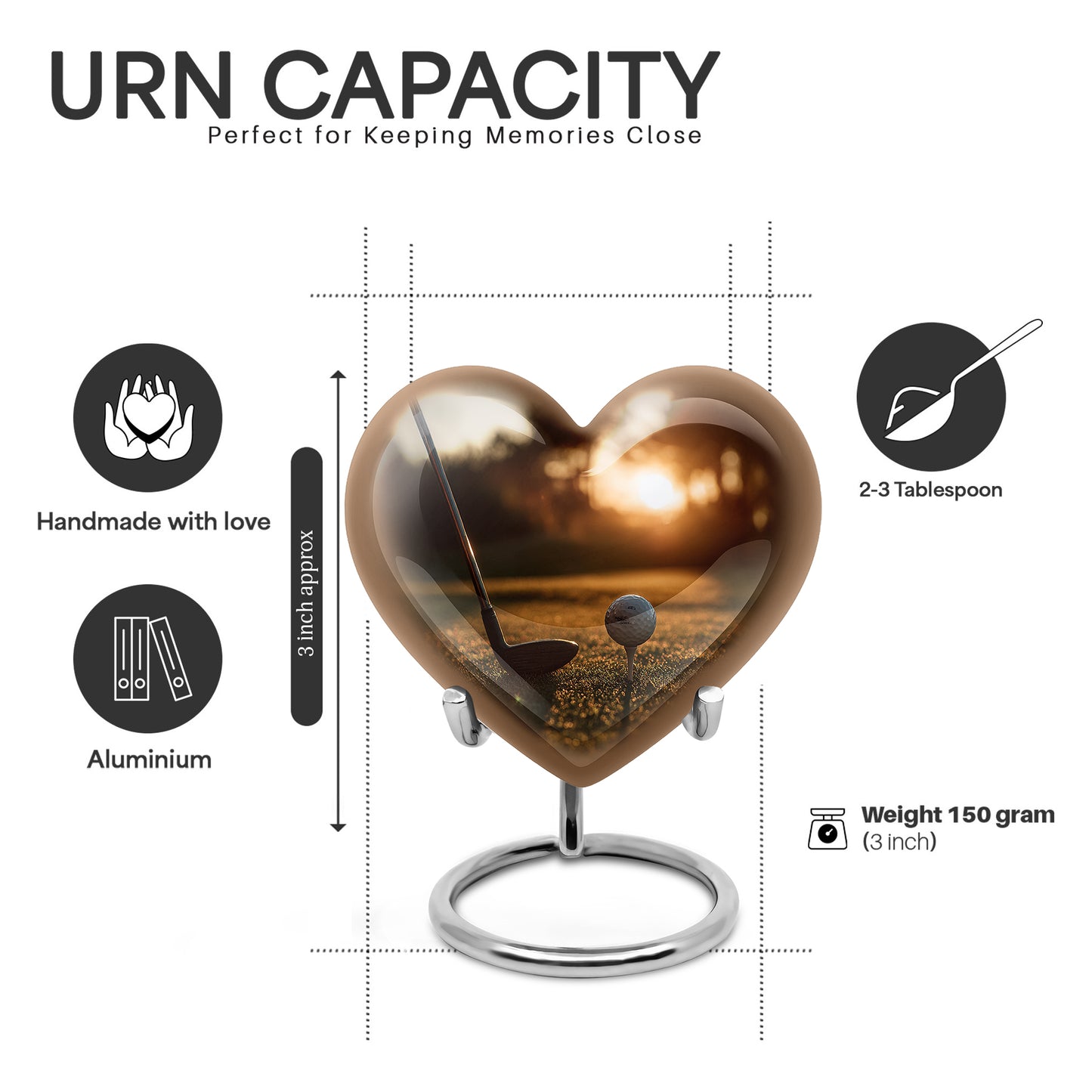 Harvest Gold Golf Cremation Urn front view showing detailed design - romantic heart urn with golf motif on aluminum - mini keepsake memorial for portion of cremation ashes