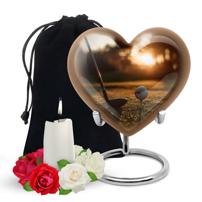 Burnished Gold Golf Cremation Urn detail view - romantic heart urn with golf motif on aluminum - full-size 10 inch 200 cubic inch adult cremation urn