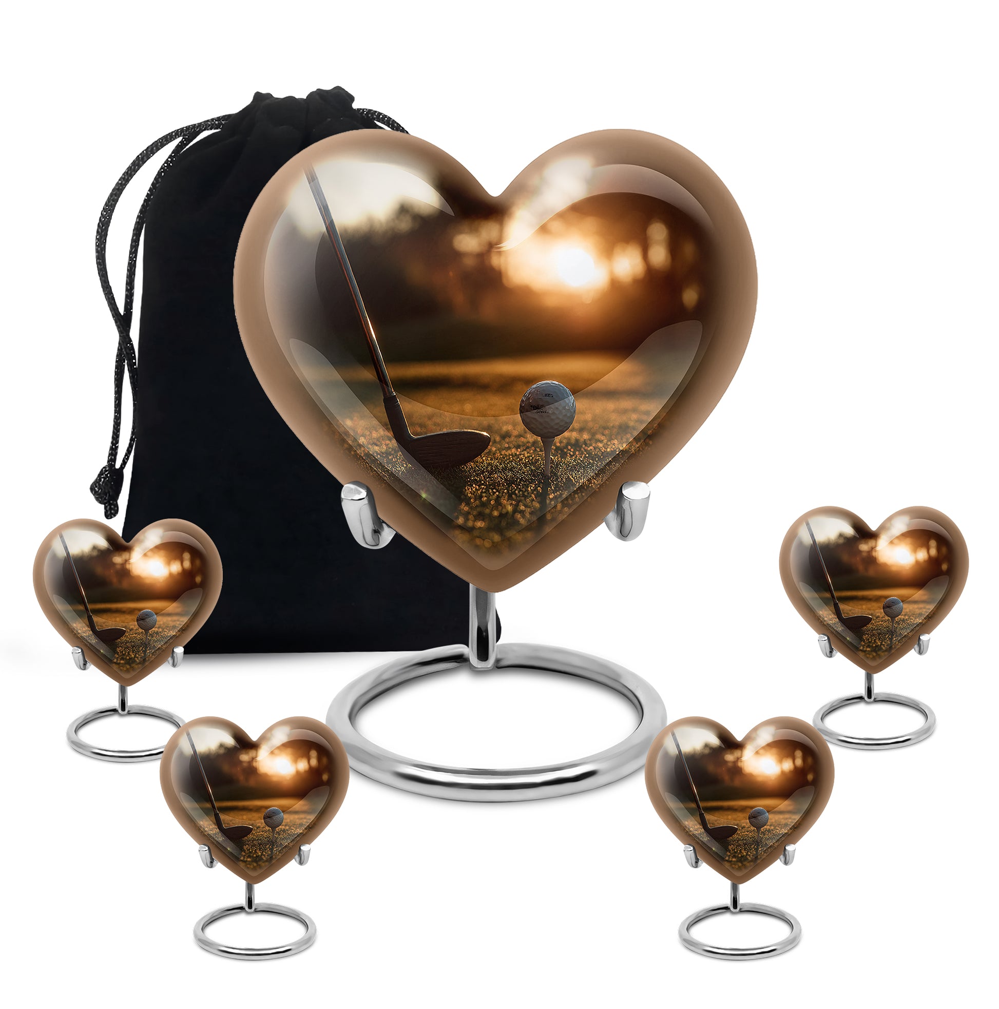 Harvest Gold Golf Cremation Urn close-up of engraving and surface detail - compassionate heart-golf combination with gentle curves - memorial set with one large and four small urns