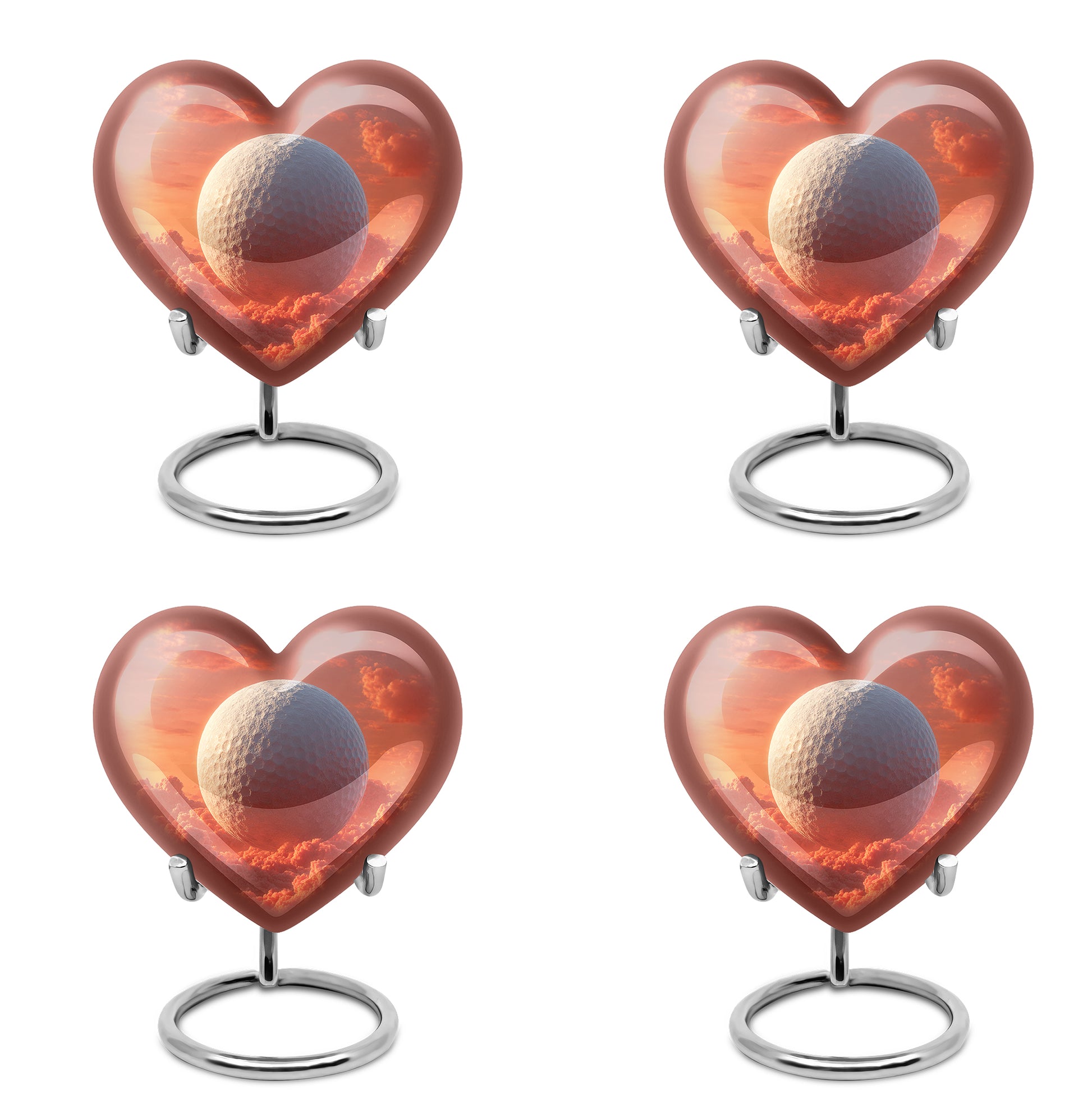 Burgundy Red Golf Cremation Urn angled view of lid and engraved motif - heart-shaped golf design symbolizing eternal love - 10 inch aluminum urn for cremated remains