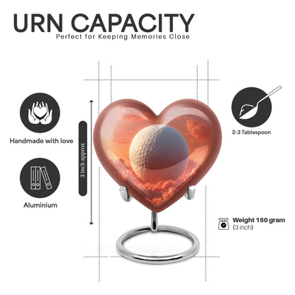 Ruby Red Golf Cremation Urn front view showing detailed design - romantic heart urn with golf motif on aluminum - mini keepsake memorial for portion of cremation ashes
