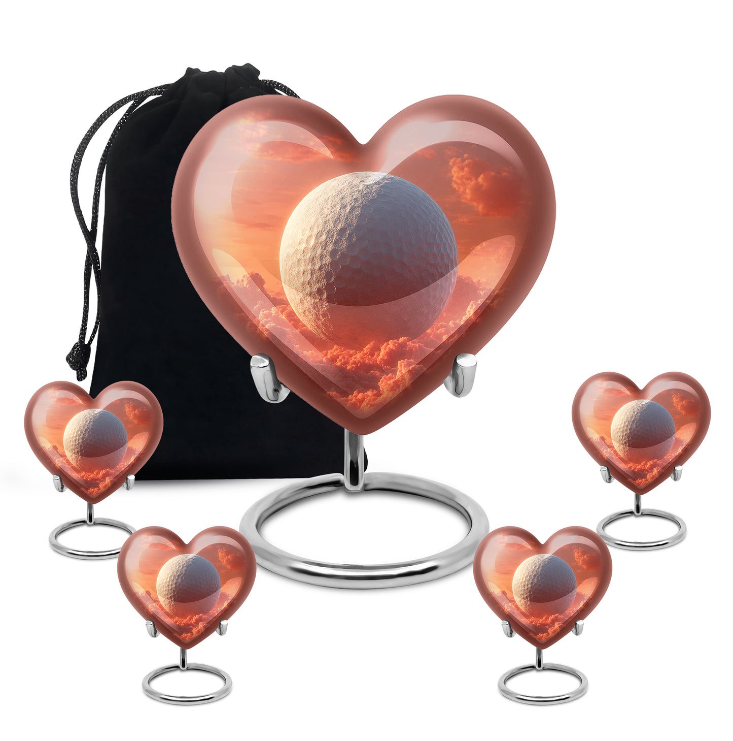 Garnet Red Golf Cremation Urn close-up of engraving and surface detail - heart-shaped golf design symbolizing eternal love - memorial set with one large and four small urns