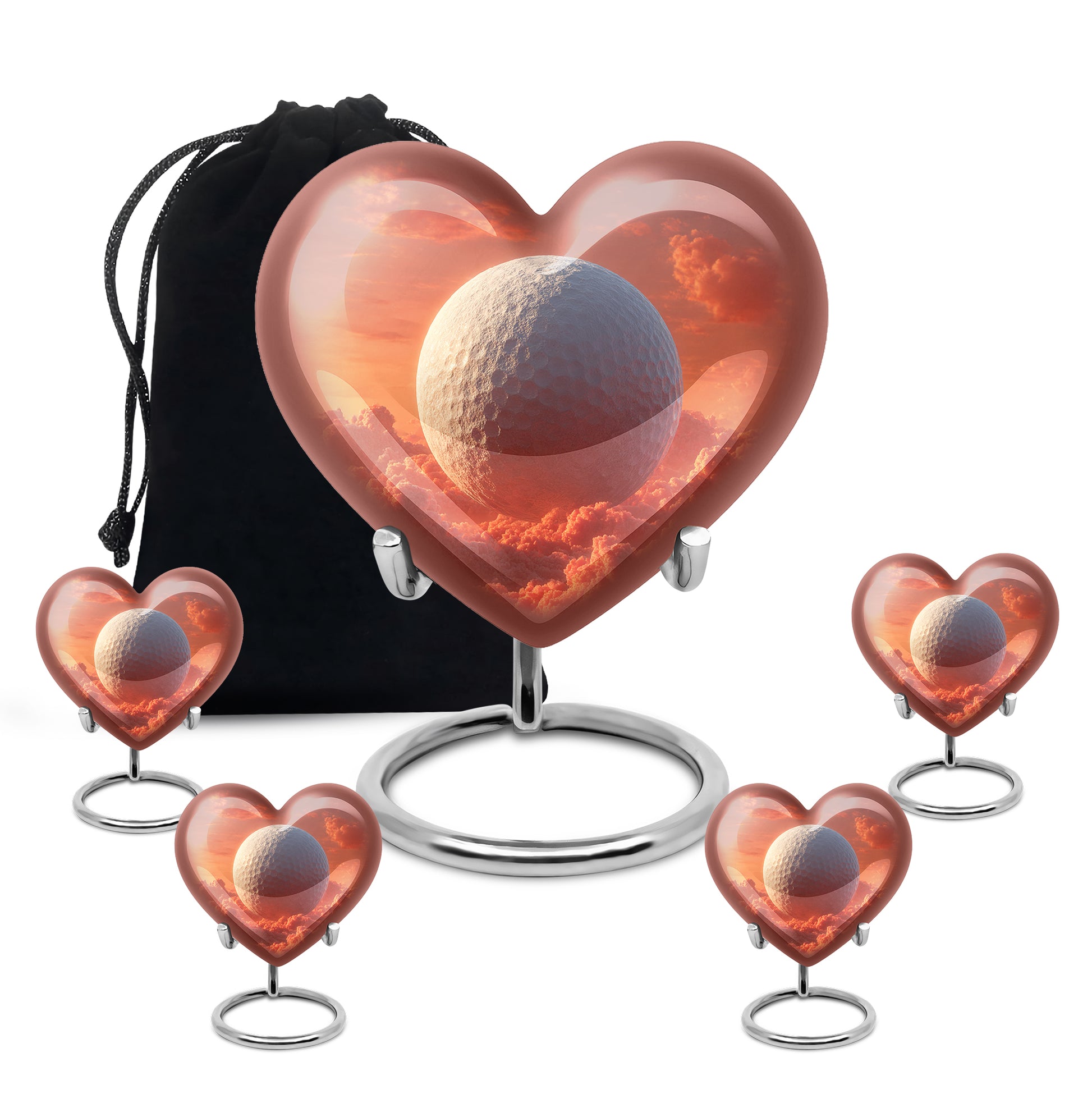 Garnet Red Golf Cremation Urn close-up of engraving and surface detail - heart-shaped golf design symbolizing eternal love - memorial set with one large and four small urns