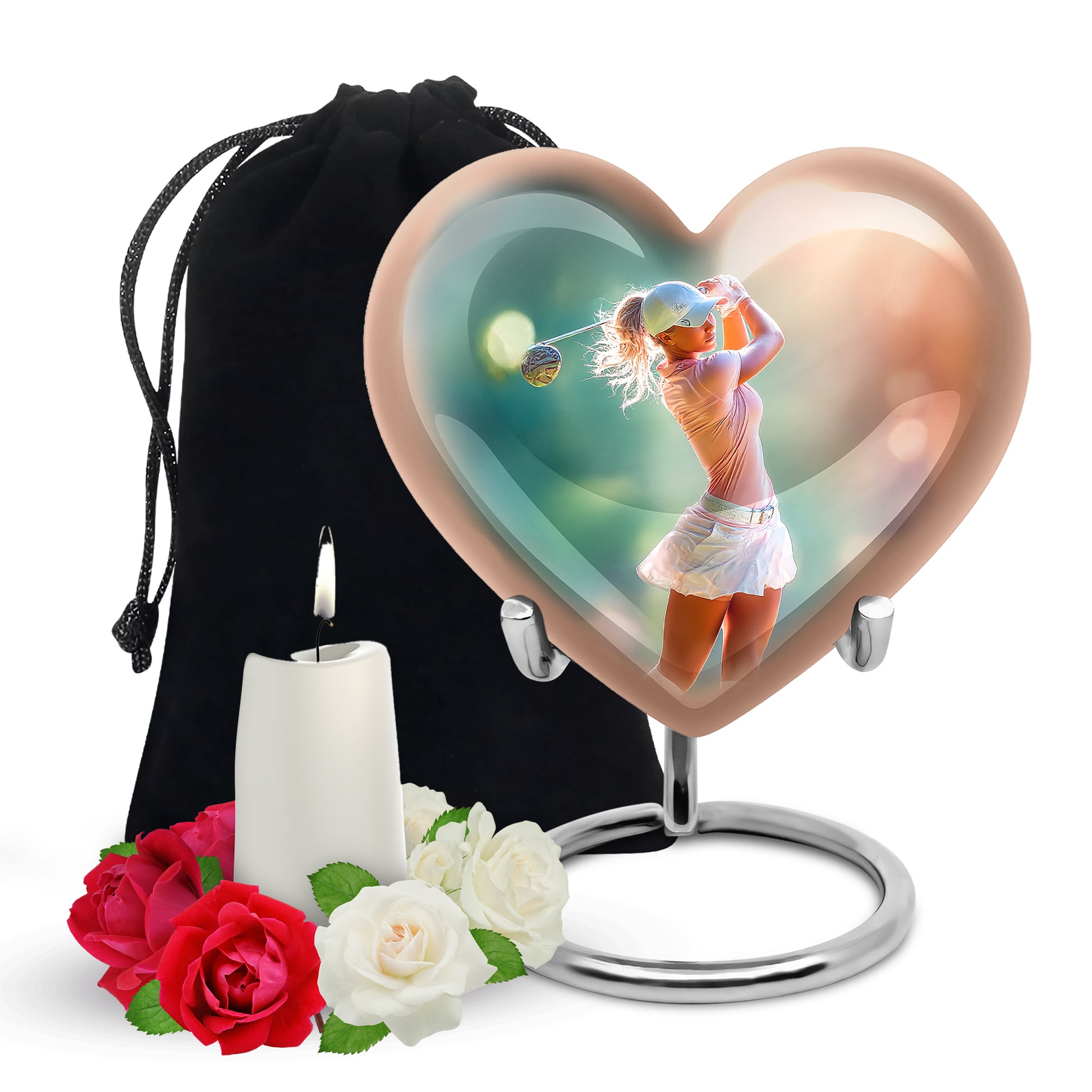 Harvest Gold Golf Cremation Urn detail view - romantic heart urn with golf motif on aluminum - full-size 10 inch 200 cubic inch adult cremation urn