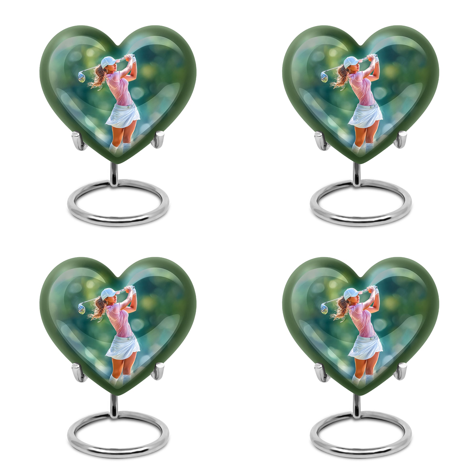 Mint Green Golf Cremation Urn angled view of lid and engraved motif - compassionate heart-golf combination with gentle curves - 10 inch aluminum urn for cremated remains