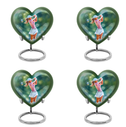 Mint Green Golf Cremation Urn angled view of lid and engraved motif - compassionate heart-golf combination with gentle curves - 10 inch aluminum urn for cremated remains