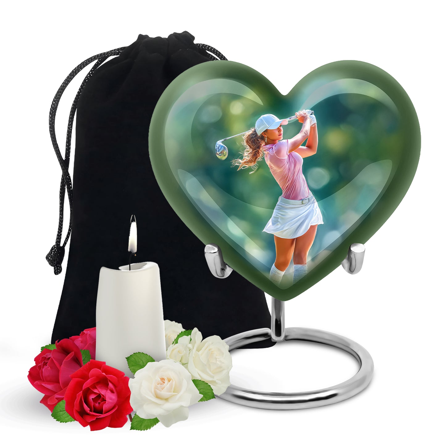 Moss Green Golf Cremation Urn detail view - loving heart memorial featuring golf pattern - full-size 10 inch 200 cubic inch adult cremation urn