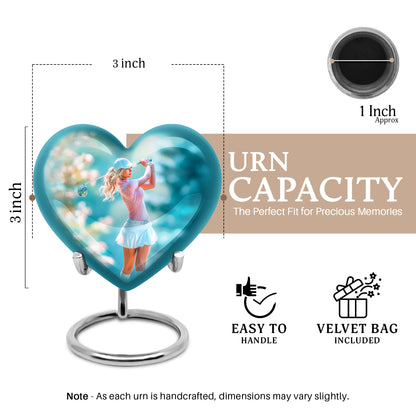 Brushed Silver Golf Cremation Urn front view showing detailed design - heart-shaped golf design symbolizing eternal love - mini keepsake memorial for portion of cremation ashes
