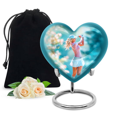 Brushed Silver Golf Cremation Urn detail view - loving heart memorial featuring golf pattern - full-size 10 inch 200 cubic inch adult cremation urn