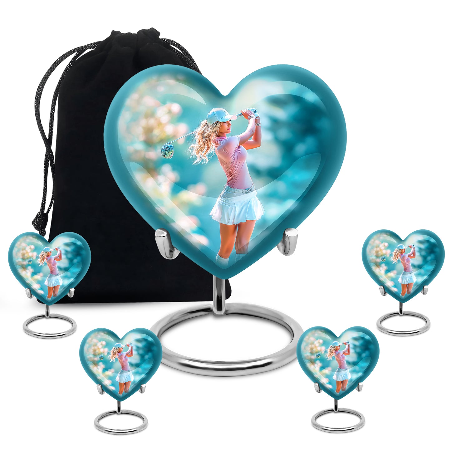 Chrome Silver Golf Cremation Urn close-up of engraving and surface detail - romantic heart urn with golf motif on aluminum - memorial set with one large and four small urns