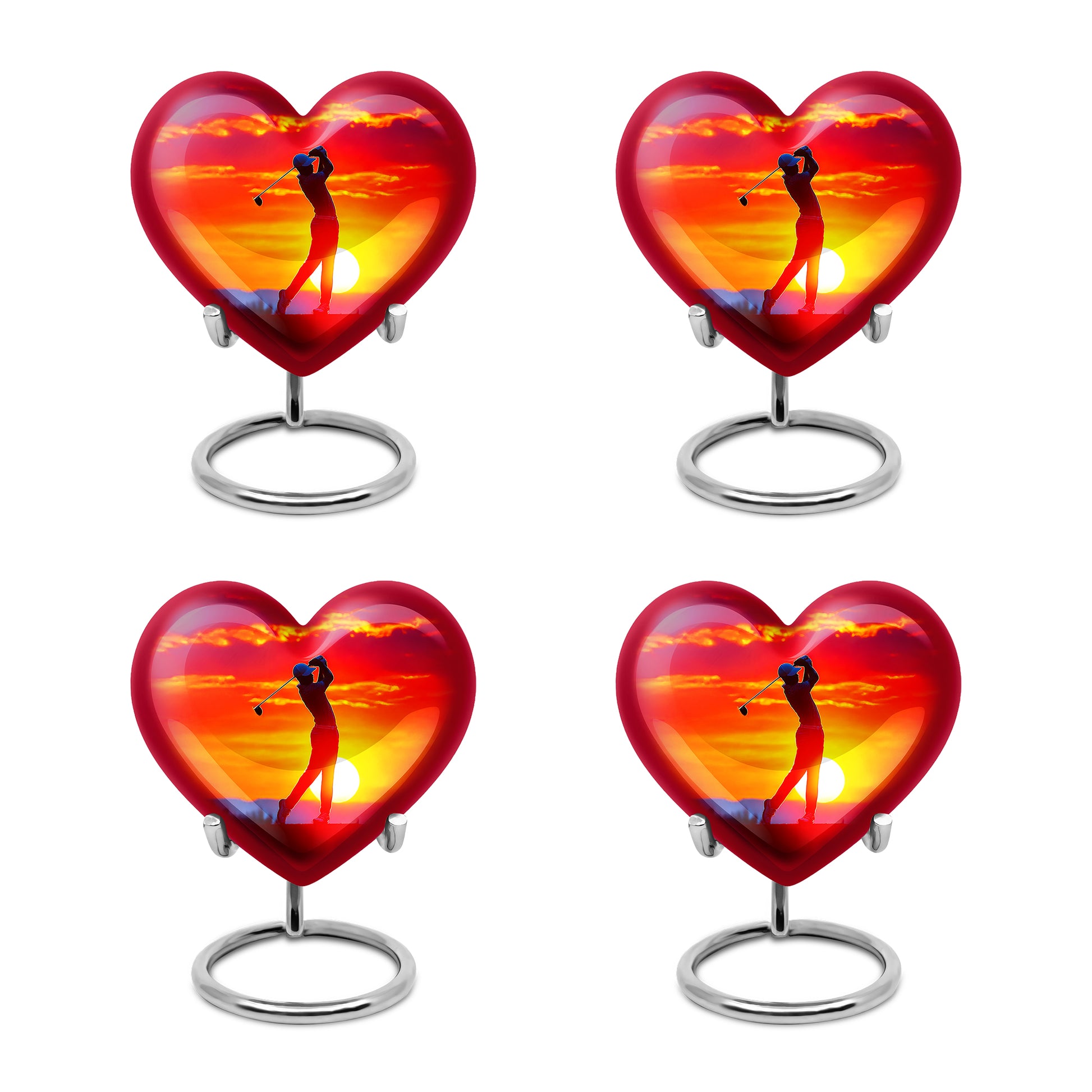 Fiery Red Golf Cremation Urn angled view of lid and engraved motif - compassionate heart-golf combination with gentle curves - 10 inch aluminum urn for cremated remains