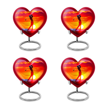 Fiery Red Golf Cremation Urn angled view of lid and engraved motif - compassionate heart-golf combination with gentle curves - 10 inch aluminum urn for cremated remains