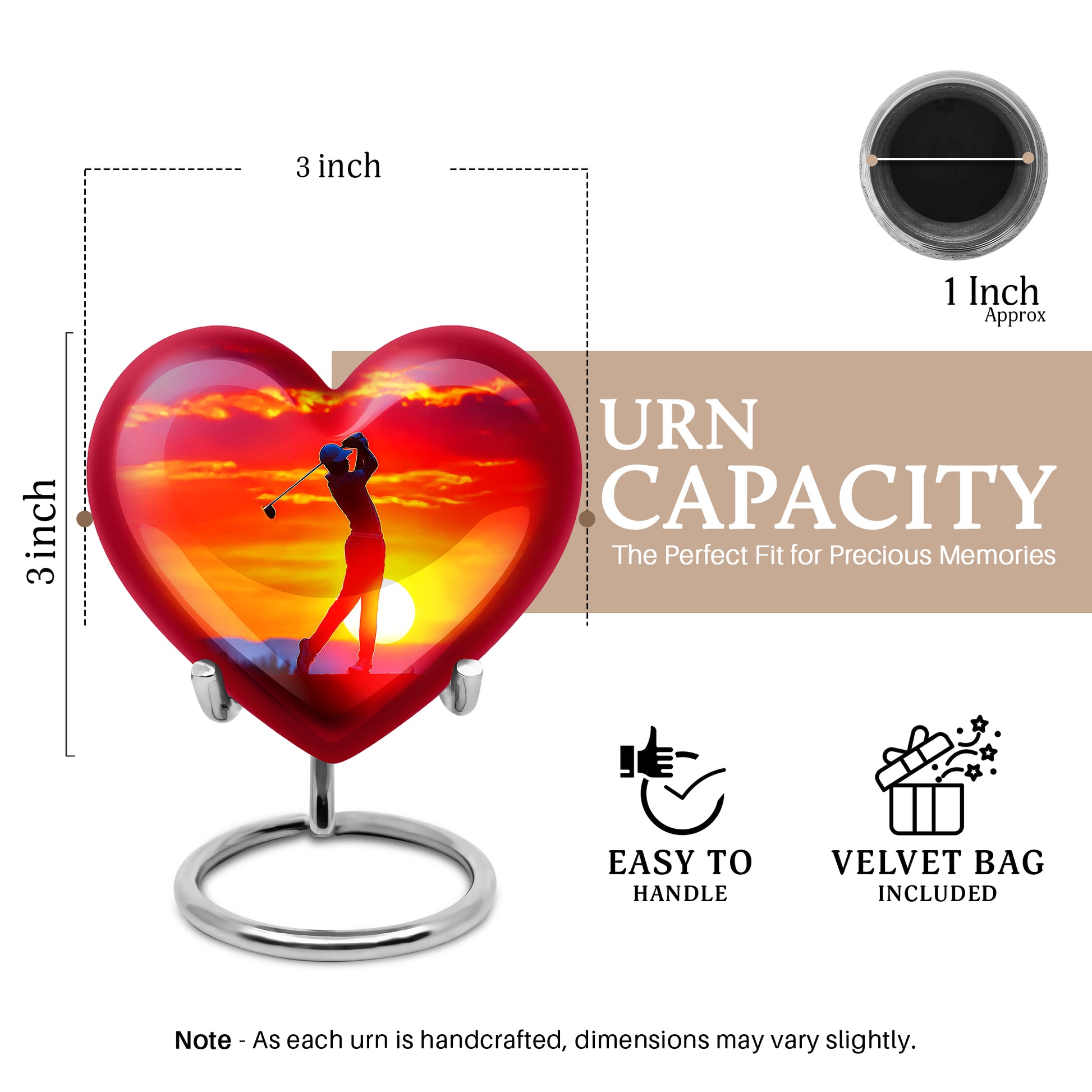 Cherry Red Golf Cremation Urn front view showing detailed design - romantic heart urn with golf motif on aluminum - mini keepsake memorial for portion of cremation ashes