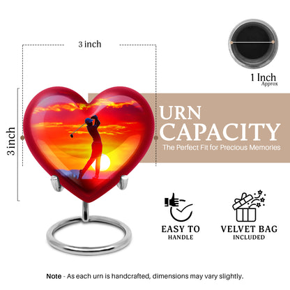 Cherry Red Golf Cremation Urn front view showing detailed design - romantic heart urn with golf motif on aluminum - mini keepsake memorial for portion of cremation ashes