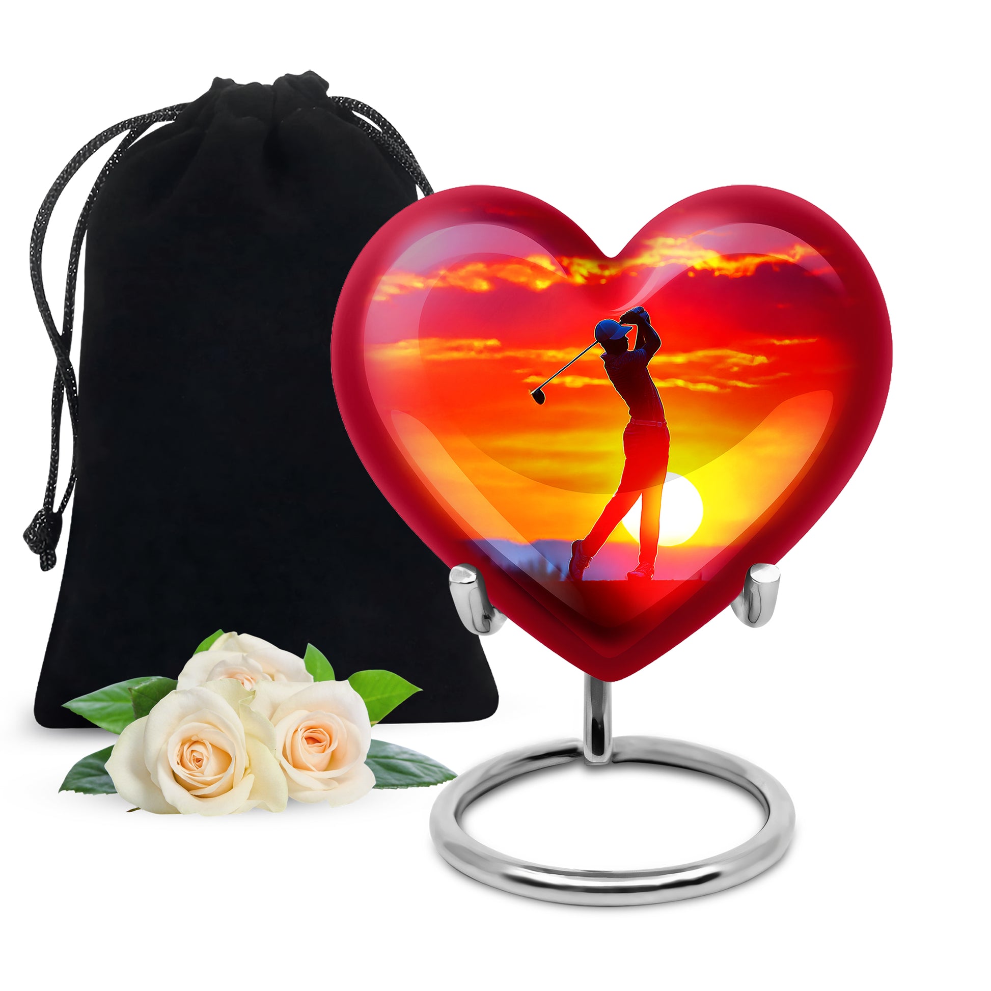 Cherry Red Golf Cremation Urn detail view - romantic heart urn with golf motif on aluminum - full-size 10 inch 200 cubic inch adult cremation urn