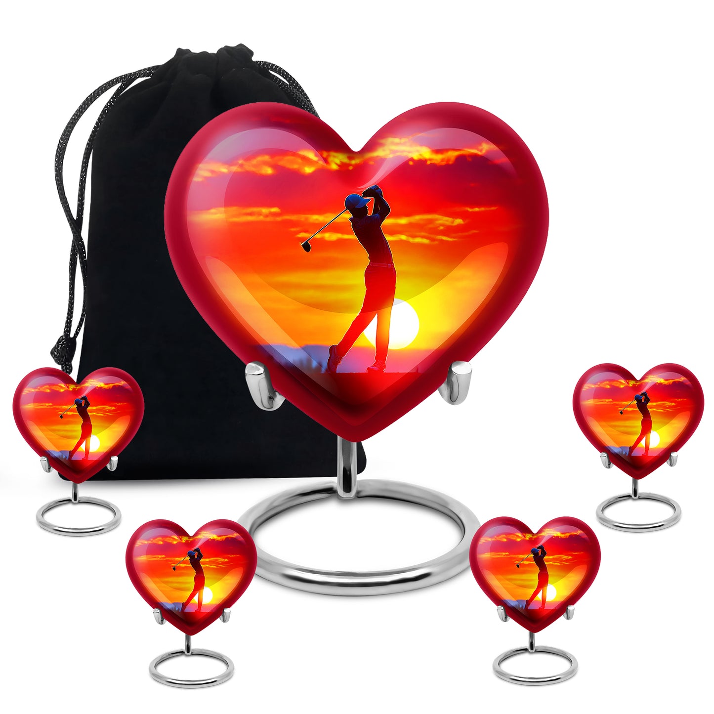 Crimson Red Golf Cremation Urn close-up of engraving and surface detail - loving heart memorial featuring golf pattern - memorial set with one large and four small urns