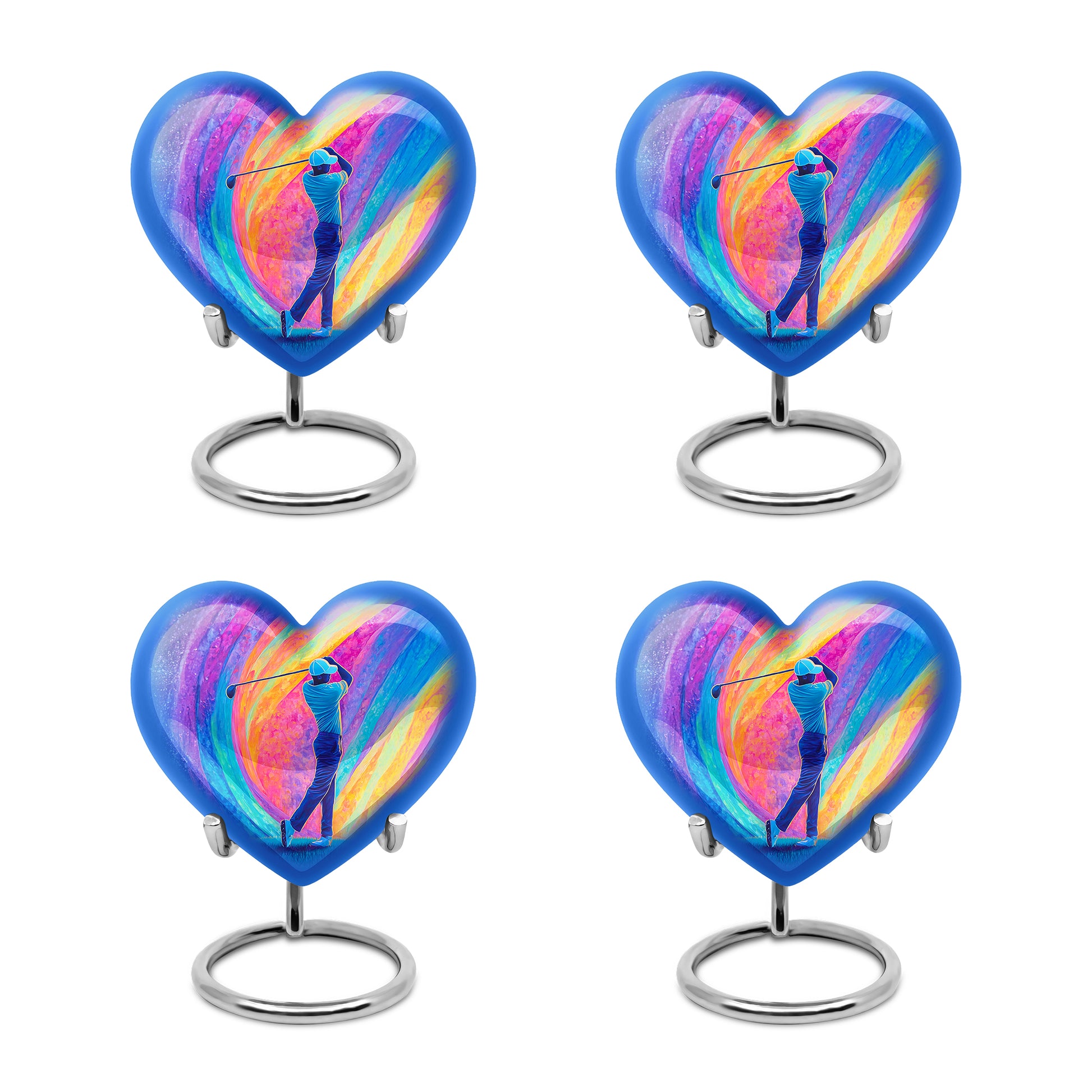 Orchid Purple Golf Cremation Urn angled view of lid and engraved motif - loving heart memorial featuring golf pattern - 10 inch aluminum urn for cremated remains