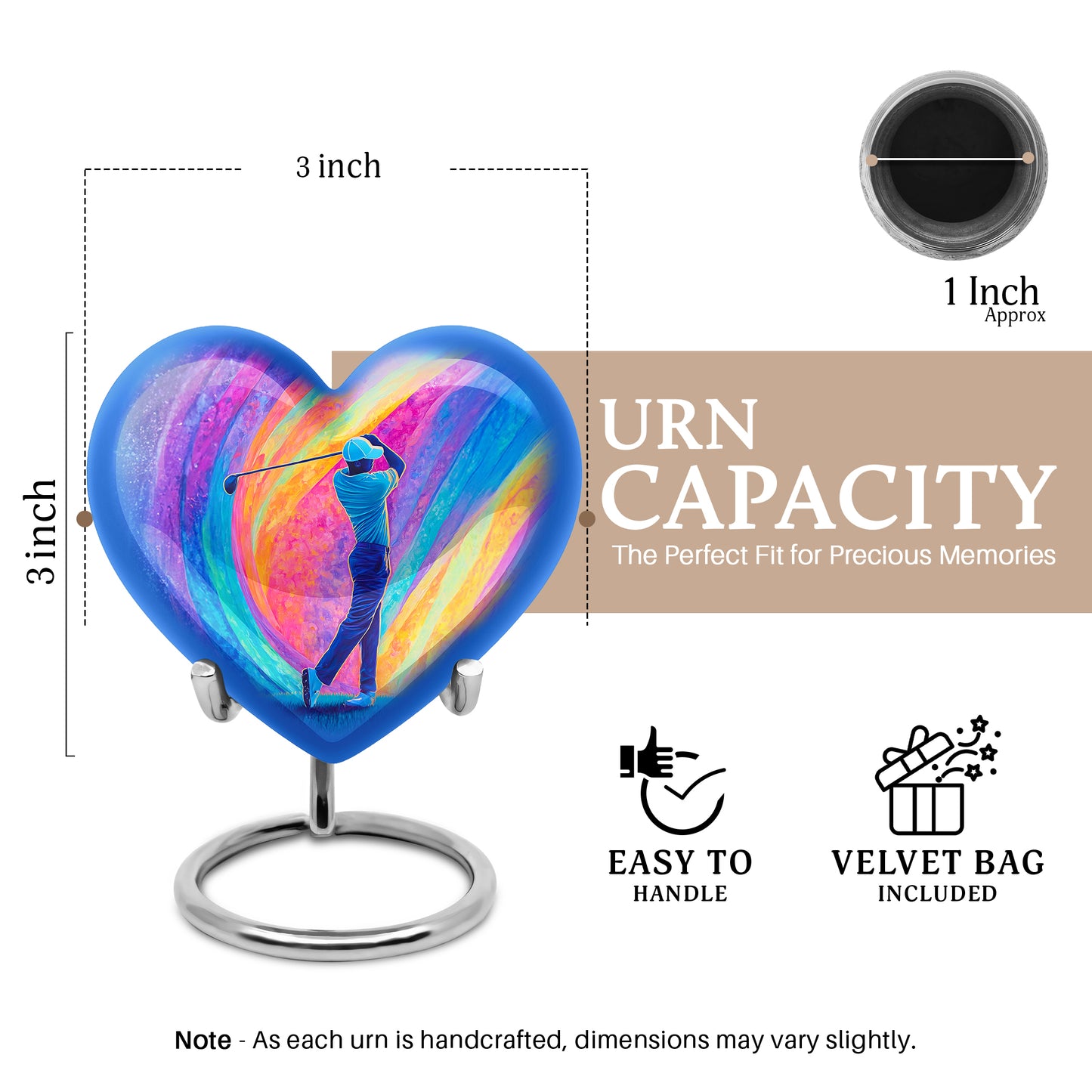 Plum Purple Golf Cremation Urn front view showing detailed design - loving heart memorial featuring golf pattern - mini keepsake memorial for portion of cremation ashes