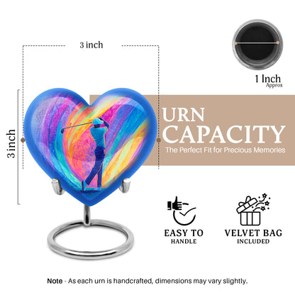 Plum Purple Golf Cremation Urn front view showing detailed design - loving heart memorial featuring golf pattern - mini keepsake memorial for portion of cremation ashes