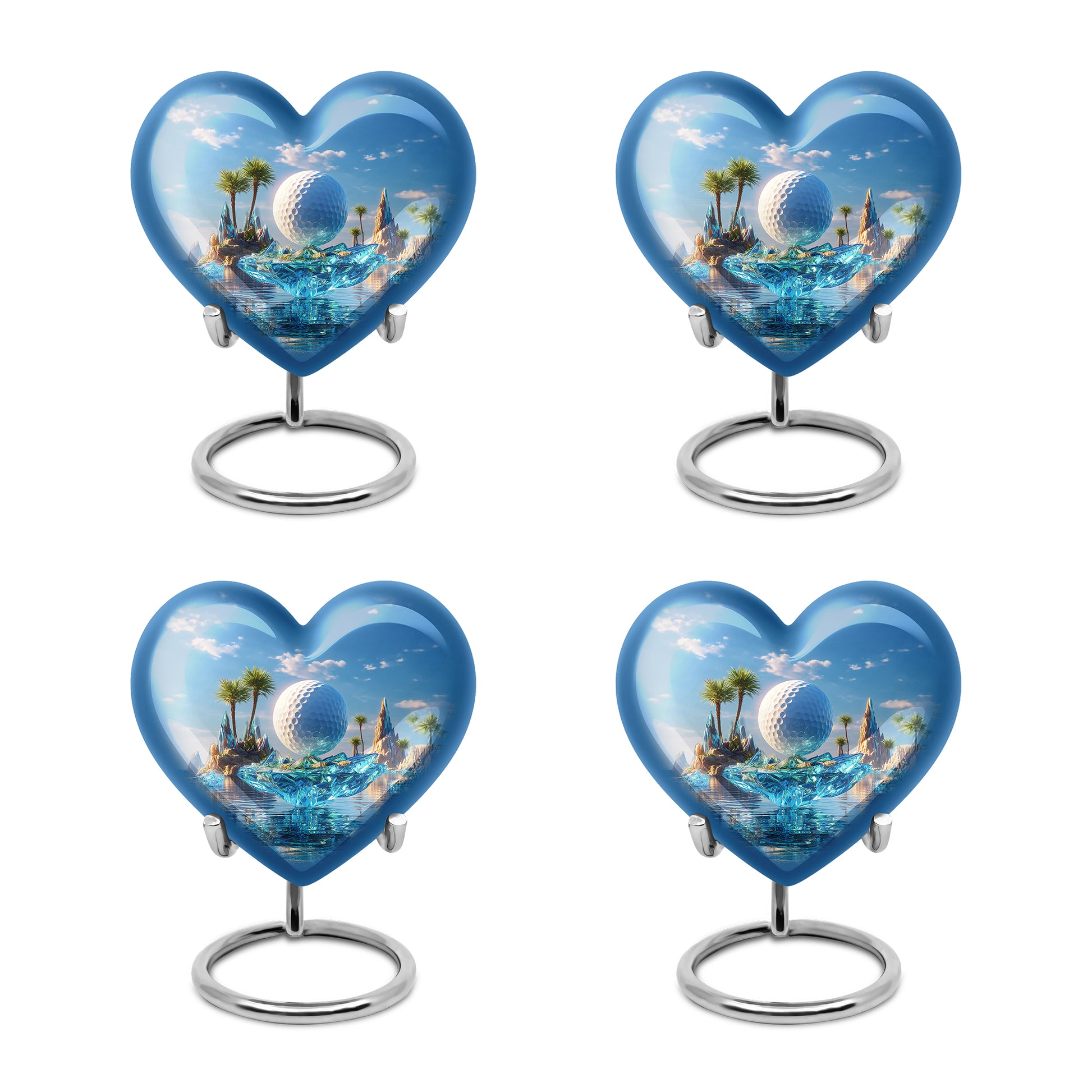 Azure Golf Cremation Urn angled view of lid and engraved motif - heart-shaped golf design symbolizing eternal love - 10 inch aluminum urn for cremated remains