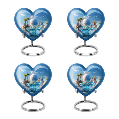 Azure Golf Cremation Urn angled view of lid and engraved motif - heart-shaped golf design symbolizing eternal love - 10 inch aluminum urn for cremated remains