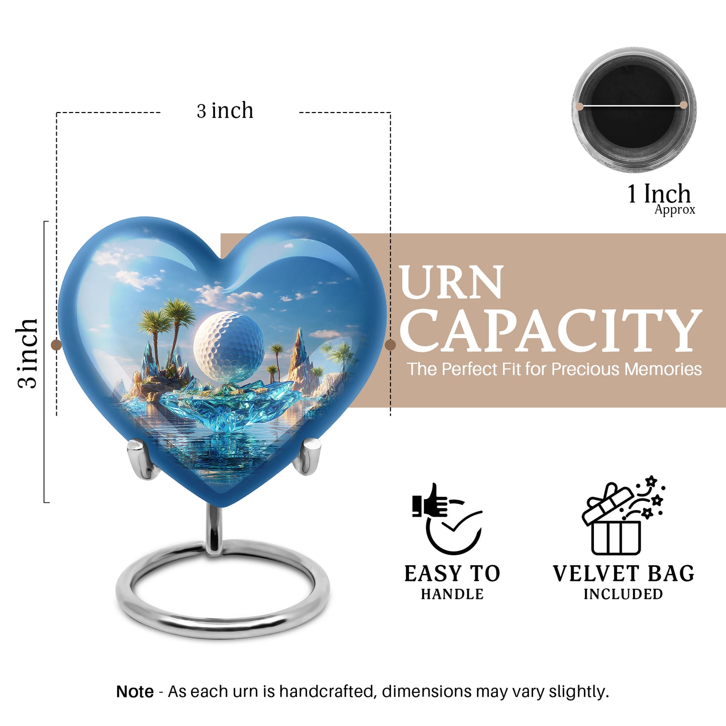 Sapphire Blue Golf Cremation Urn front view showing detailed design - romantic heart urn with golf motif on aluminum - mini keepsake memorial for portion of cremation ashes