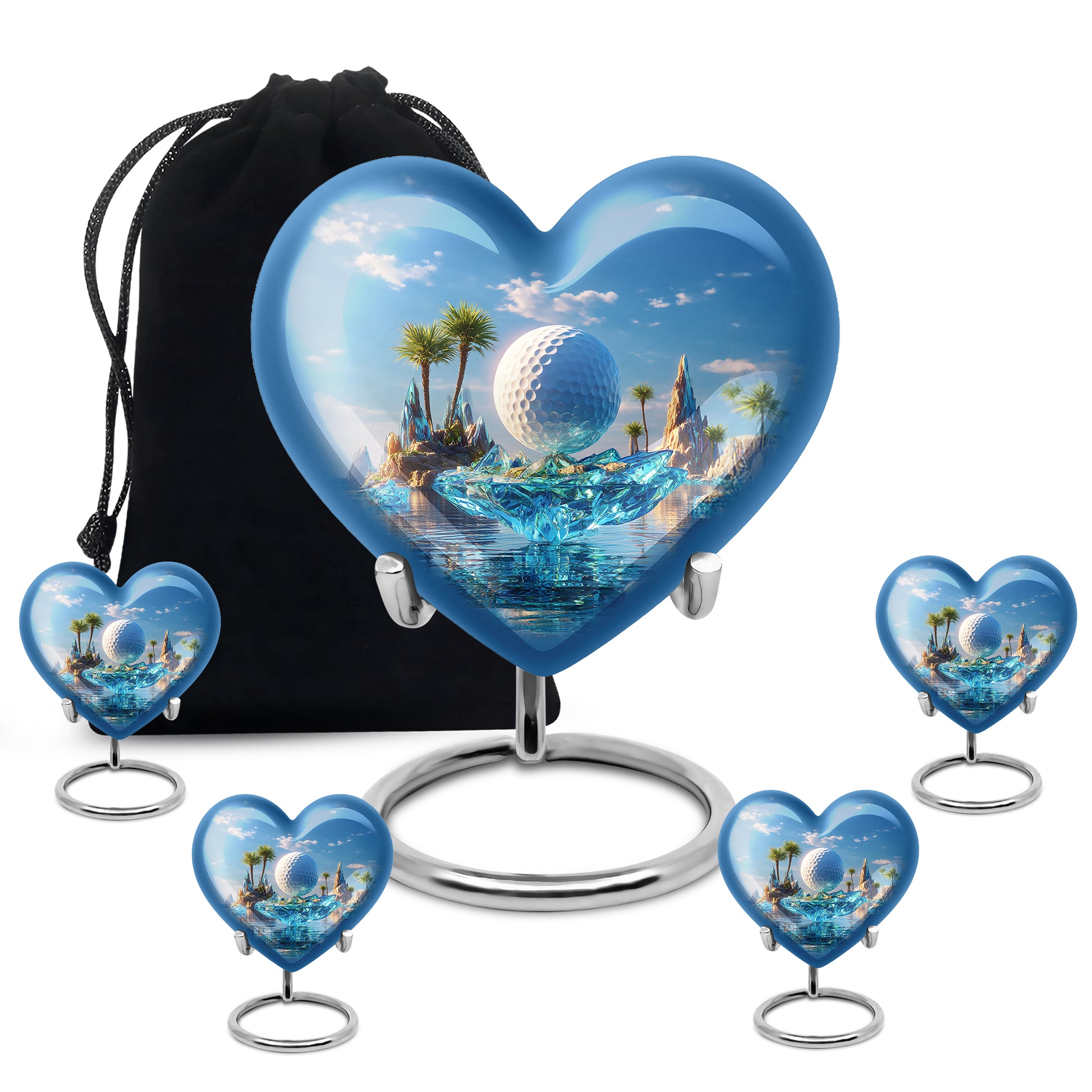Soft Blue Golf Cremation Urn close-up of engraving and surface detail - romantic heart urn with golf motif on aluminum - memorial set with one large and four small urns