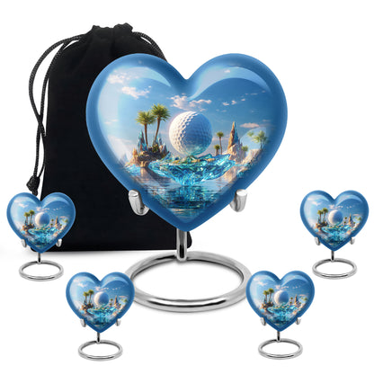Soft Blue Golf Cremation Urn close-up of engraving and surface detail - romantic heart urn with golf motif on aluminum - memorial set with one large and four small urns