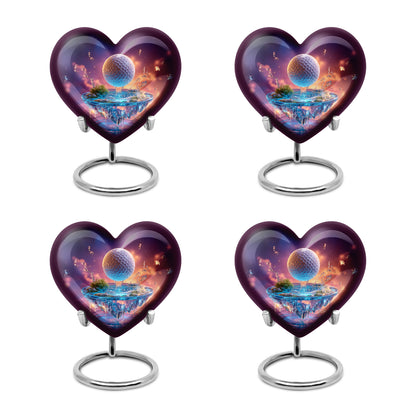 Amethyst Purple Golf Cremation Urn angled view of lid and engraved motif - loving heart memorial featuring golf pattern - 10 inch aluminum urn for cremated remains