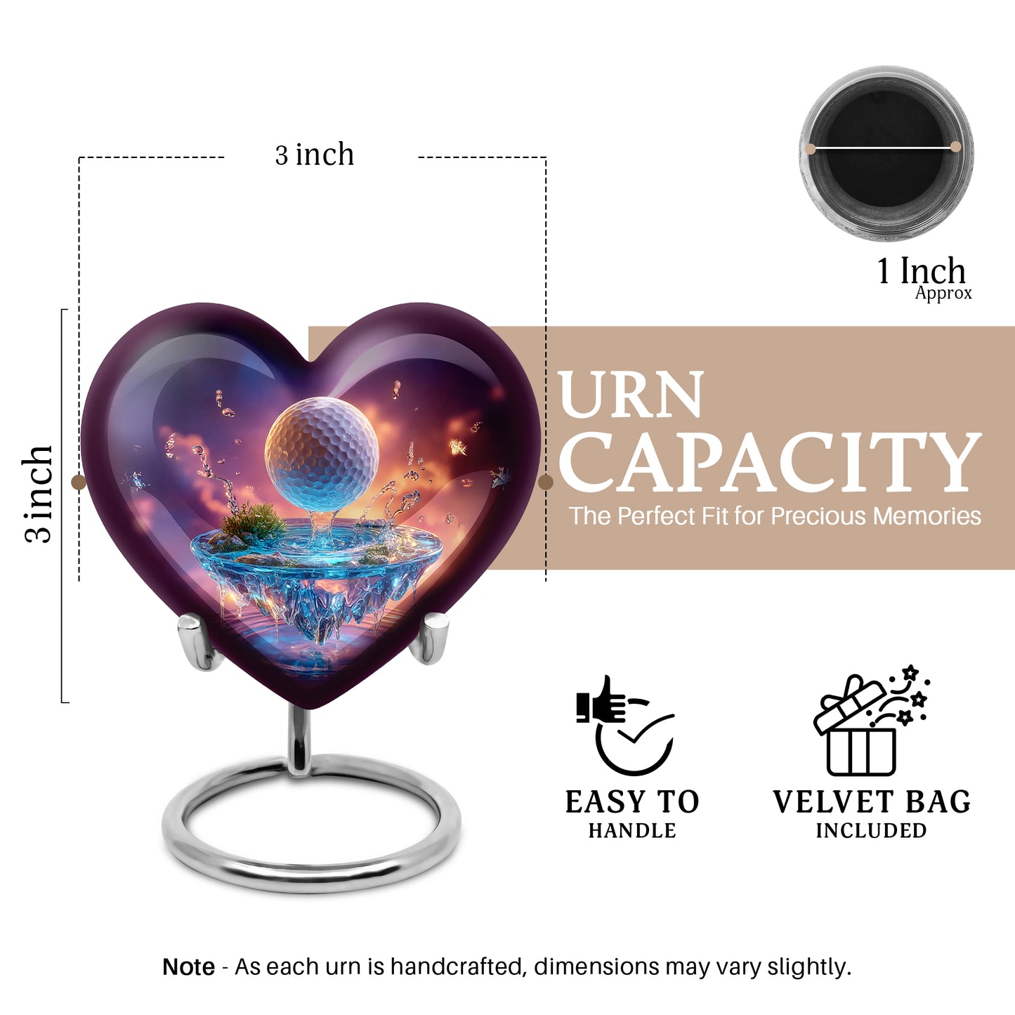 Majestic Purple Golf Cremation Urn front view showing detailed design - loving heart memorial featuring golf pattern - mini keepsake memorial for portion of cremation ashes
