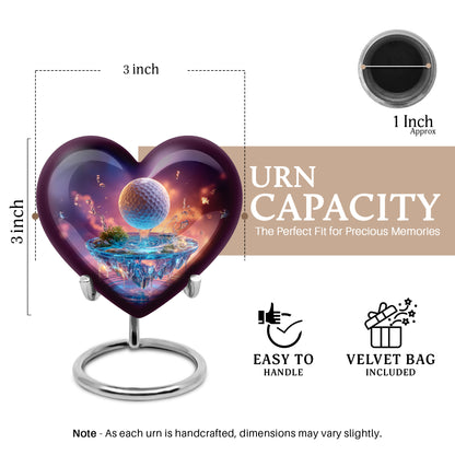 Majestic Purple Golf Cremation Urn front view showing detailed design - loving heart memorial featuring golf pattern - mini keepsake memorial for portion of cremation ashes