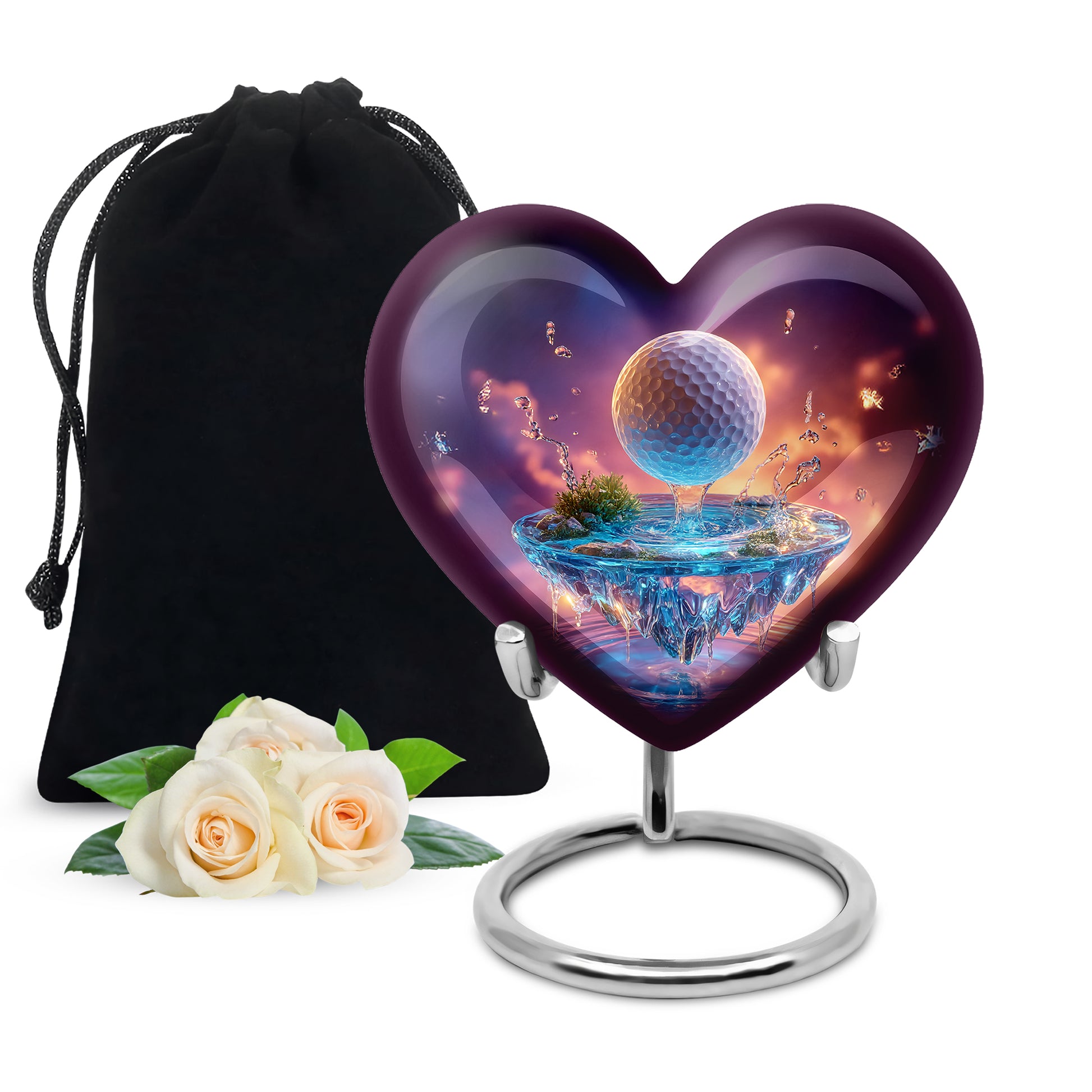 Twilight Purple Golf Cremation Urn detail view - compassionate heart-golf combination with gentle curves - full-size 10 inch 200 cubic inch adult cremation urn