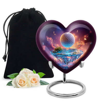 Twilight Purple Golf Cremation Urn detail view - compassionate heart-golf combination with gentle curves - full-size 10 inch 200 cubic inch adult cremation urn