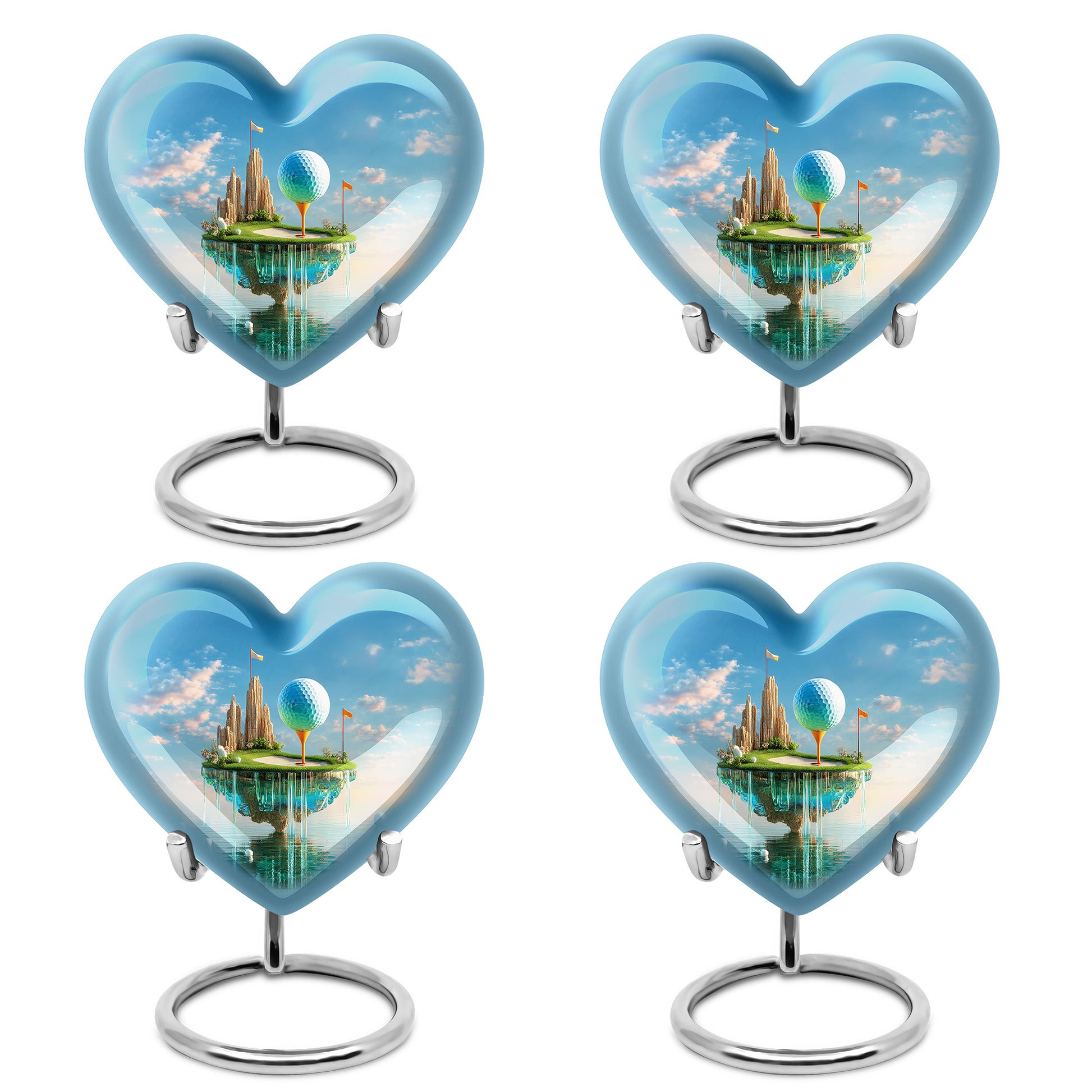 Royal Blue Golf Cremation Urn angled view of lid and engraved motif - romantic heart urn with golf motif on aluminum - 10 inch aluminum urn for cremated remains
