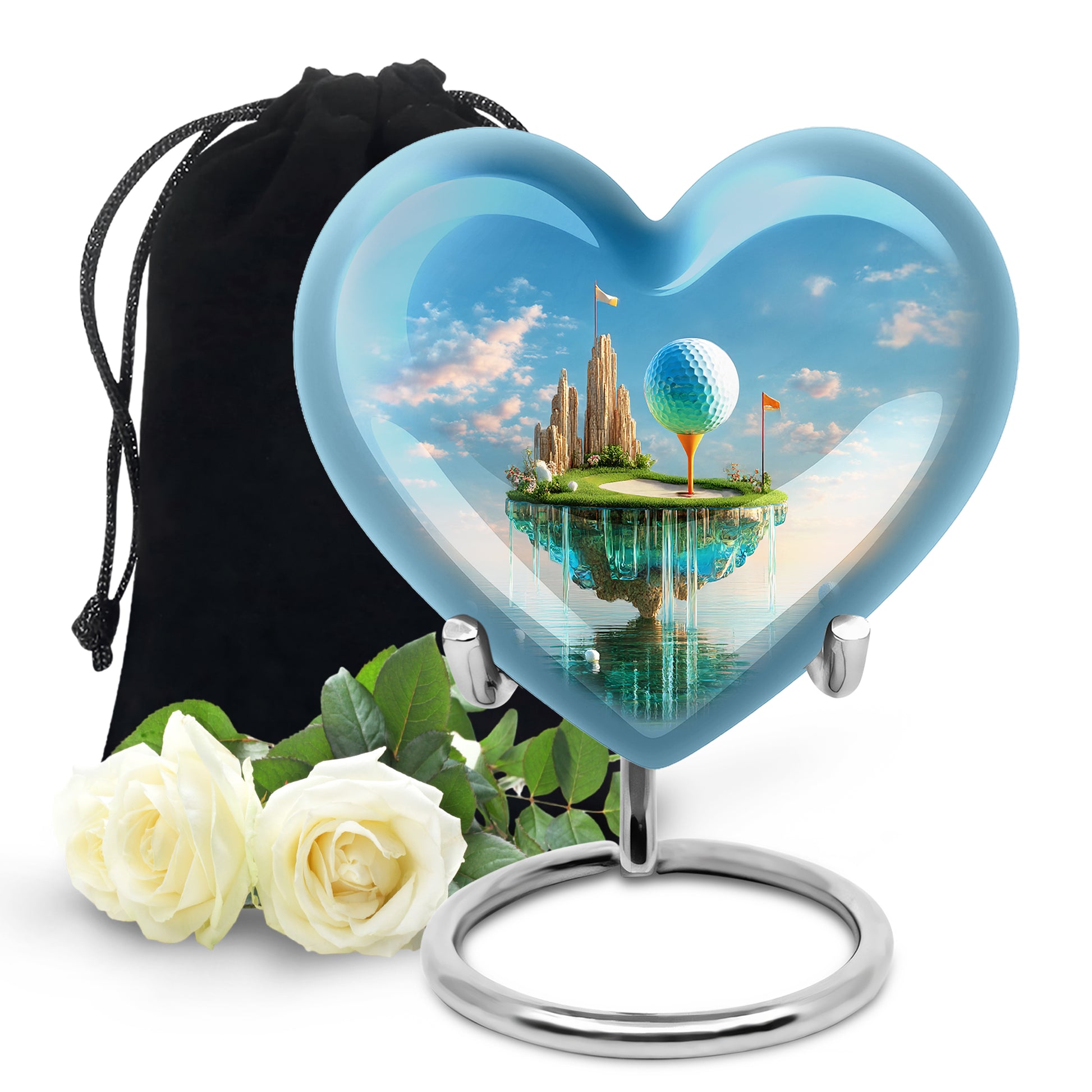 Cornflower Blue Golf Cremation Urn detail view - romantic heart urn with golf motif on aluminum - full-size 10 inch 200 cubic inch adult cremation urn