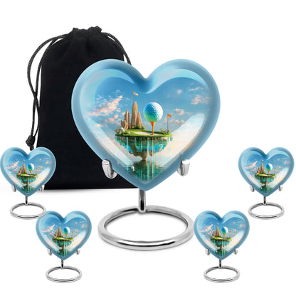 Pastel Blue Golf Cremation Urn close-up of engraving and surface detail - heart-shaped golf design symbolizing eternal love - memorial set with one large and four small urns