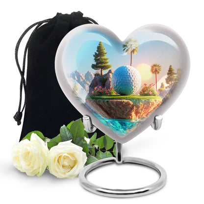 Steel Blue Golf Cremation Urn detail view - romantic heart urn with golf motif on aluminum - full-size 10 inch 200 cubic inch adult cremation urn