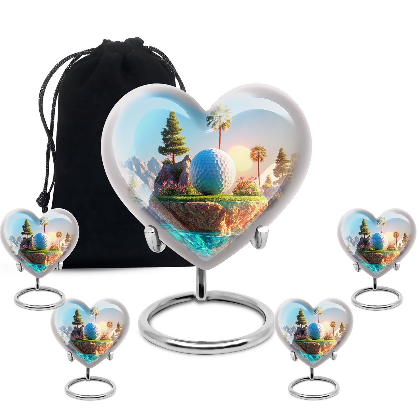Indigo Golf Cremation Urn close-up of engraving and surface detail - heart-shaped golf design symbolizing eternal love - memorial set with one large and four small urns
