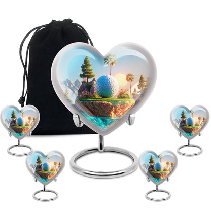 Indigo Golf Cremation Urn close-up of engraving and surface detail - heart-shaped golf design symbolizing eternal love - memorial set with one large and four small urns