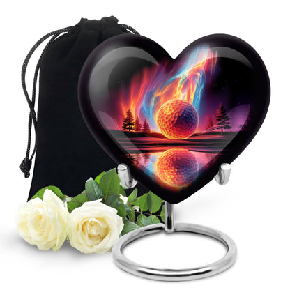 Jet Black Golf Cremation Urn detail view - heart-shaped golf design symbolizing eternal love - full-size 10 inch 200 cubic inch adult cremation urn