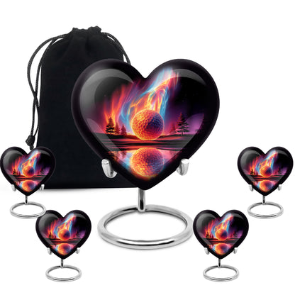Dark Black Golf Cremation Urn close-up of engraving and surface detail - compassionate heart-golf combination with gentle curves - memorial set with one large and four small urns
