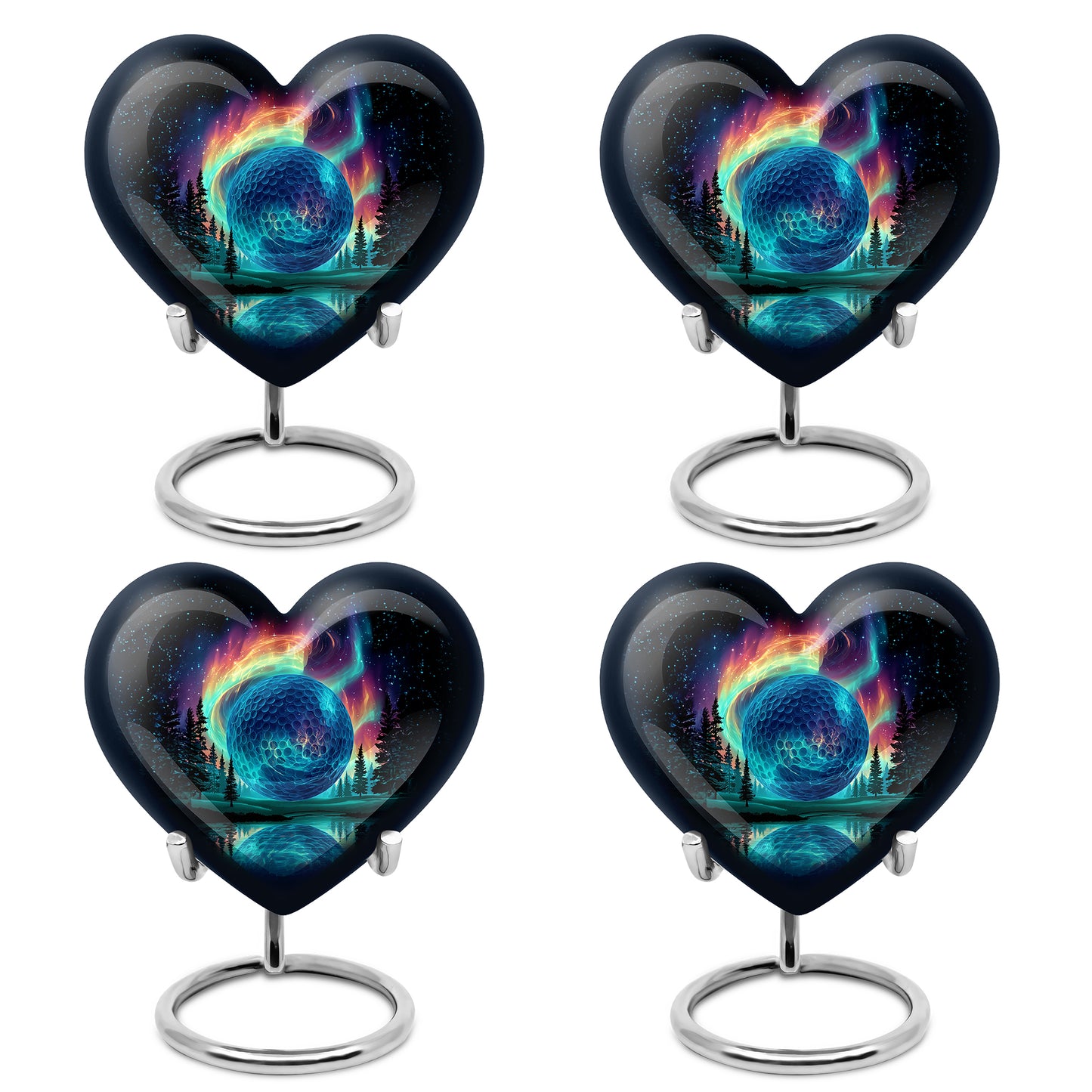 Deep Black Golf Cremation Urn angled view of lid and engraved motif - heart-shaped golf design symbolizing eternal love - 10 inch aluminum urn for cremated remains