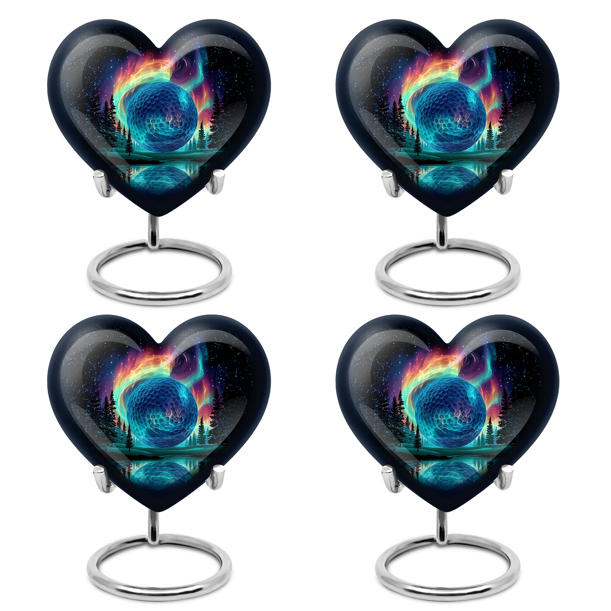 Deep Black Golf Cremation Urn angled view of lid and engraved motif - heart-shaped golf design symbolizing eternal love - 10 inch aluminum urn for cremated remains
