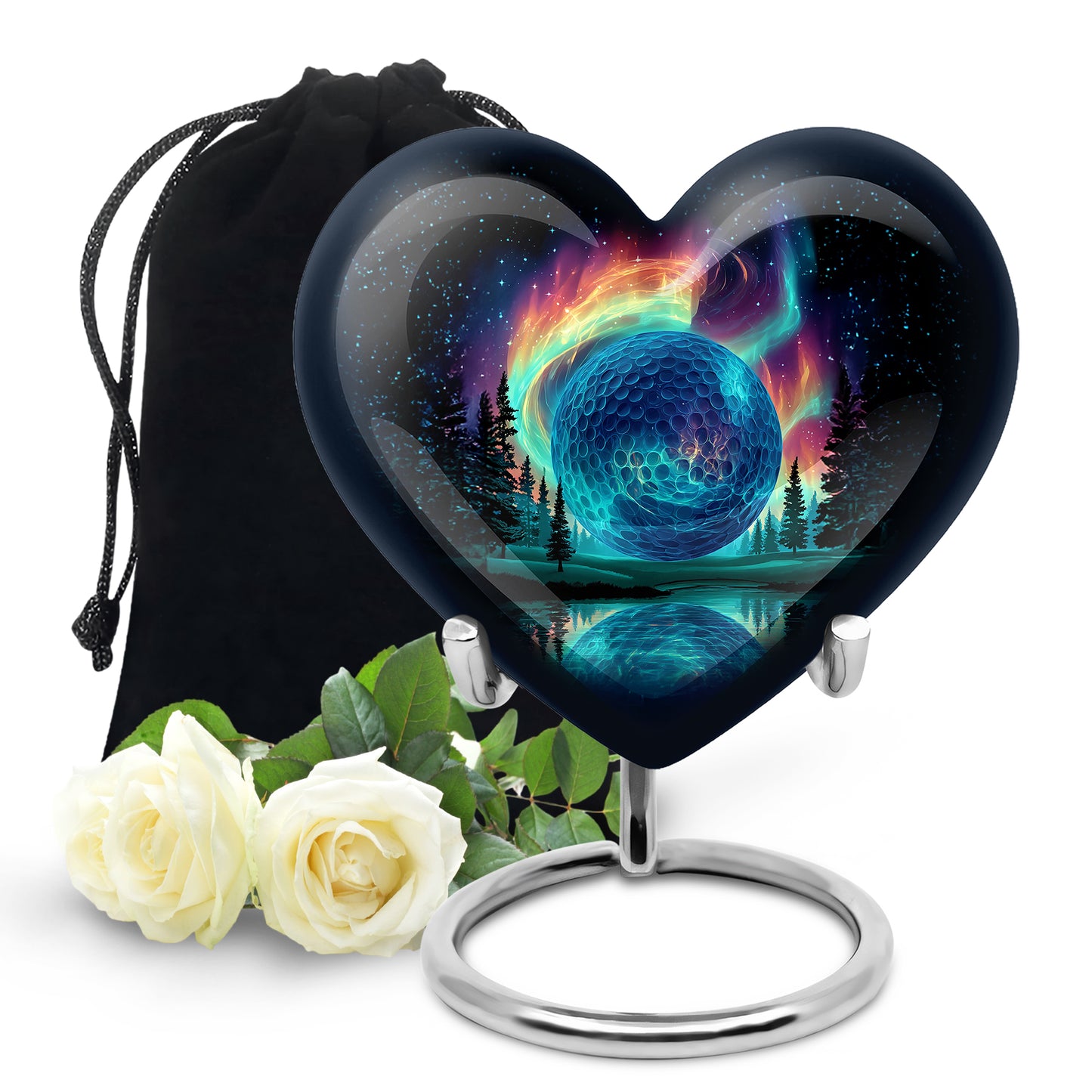 Obsidian Black Golf Cremation Urn detail view - compassionate heart-golf combination with gentle curves - full-size 10 inch 200 cubic inch adult cremation urn